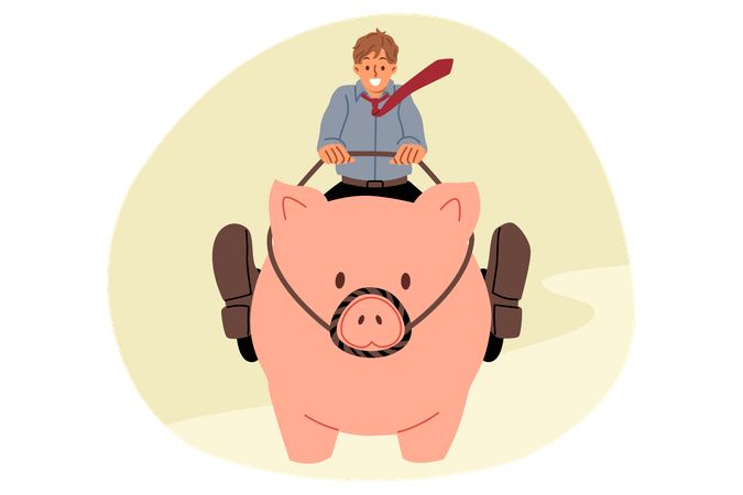 Businessman strives to make money on investments or increase income sitting astride piggy bank  일러스트레이션