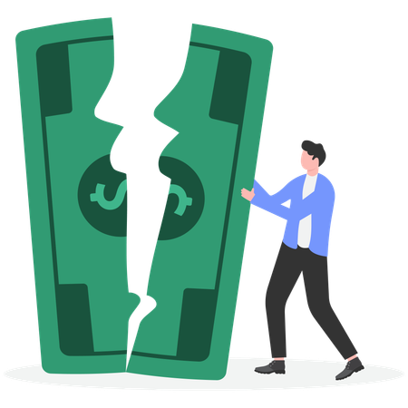 Businessman struggle to repair dollar that is broken in half by pushing it back together  Illustration