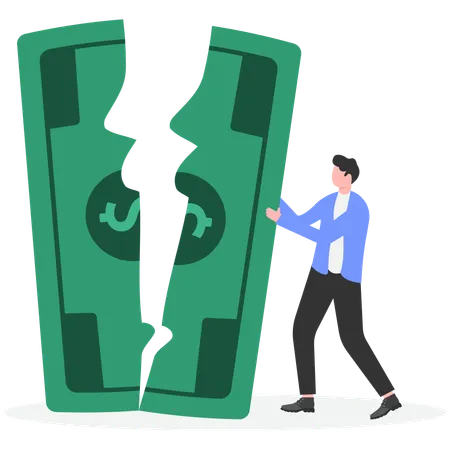Businessman struggle to repair dollar that is broken in half by pushing it back together  Illustration