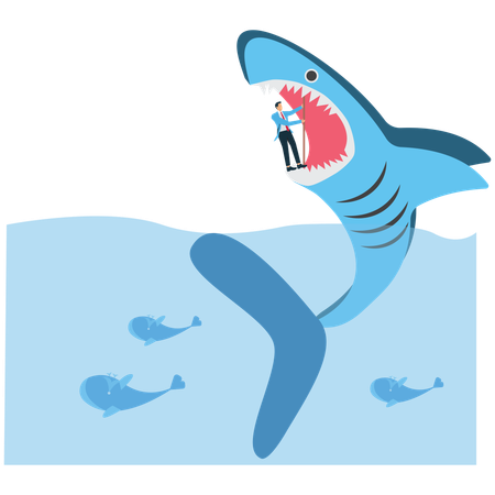 Businessman struggling to resist sharks closing their mouths while survival  Illustration