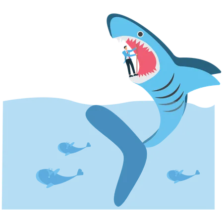 Businessman struggling to resist sharks closing their mouths while survival  Illustration