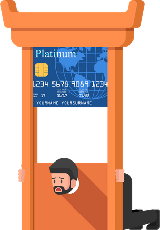 Businessman stuck in credit card debt guillotine  Illustration