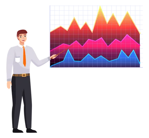 Man Studies Statistics On Presentation Male Character Working With Report Manager Working And Analyzing Financial Statistic Male Marketer Examines Information About Metrics Data Screen With Charts Illustration