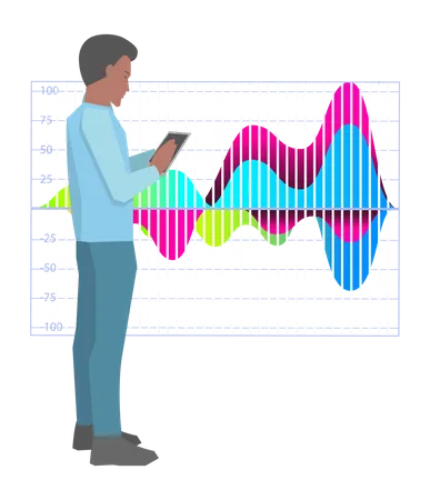 Man Studies Statistics On Presentation Male Character Working With Report Manager Working And Analyzing Financial Statistic Male Marketer Examines Information About Metrics Data Screen With Charts Illustration