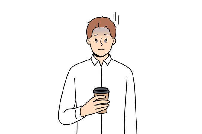 疲労と燃え尽き症候群に苦しみ、紙コップに入ったコーヒーを手に持つビジネスマン  イラスト