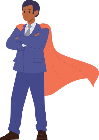 Brave Businessman Superhero Cartoon Character In Red Cape And Formal Suit Holding Arms Folded On Chest Standing Isolated On White Powerful Confident Office Worker Or Employee Vector Illustration Illustration