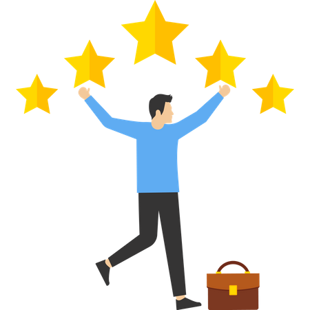Businessman superhero bring big gold customer 5-star rating feedback  일러스트레이션