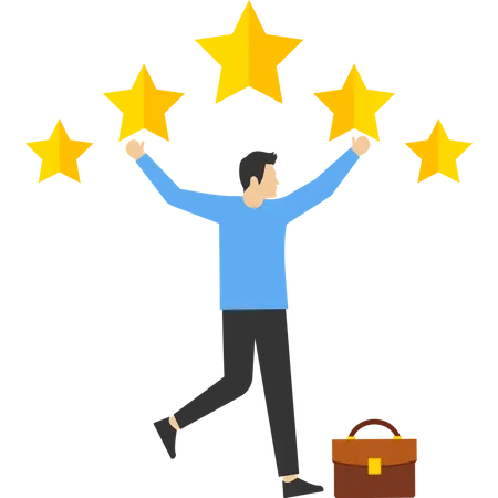 Businessman superhero bring big gold customer 5-star rating feedback  Illustration