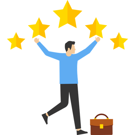 Businessman superhero bring big gold customer 5-star rating feedback  Illustration