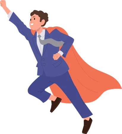 Confident Businessman Superhero Cartoon Character In Red Cape And Suit Flying To Sky Isolated On White Background Brave Strong Man Entrepreneur Accepting Challenge Starting Up Vector Illustration Illustration