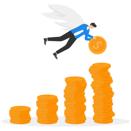 Businessman superhero flying up money coins stack  Illustration