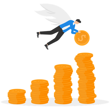 Businessman superhero flying up money coins stack  Illustration