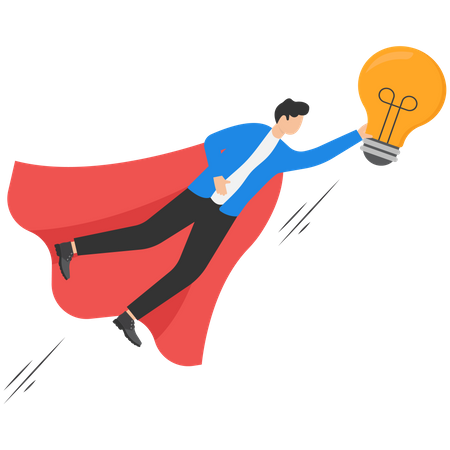 Businessman superhero flying while carrying big light bulb idea  Illustration