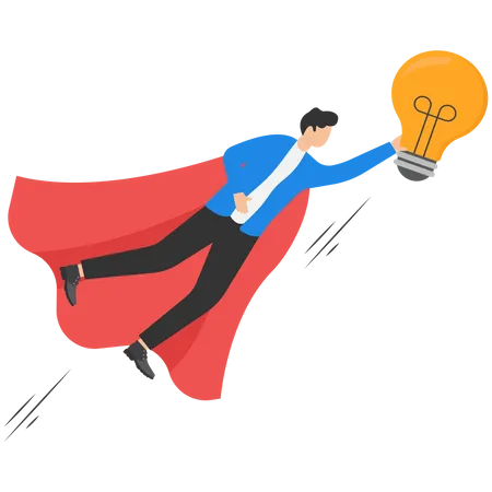 Big Idea To Boost Business Success Super Power Or Creativity To Win Business Competition Innovation Or Imagination Concept Genius Businessman Superhero Flying While Carrying Big Light Bulb Idea 일러스트레이션