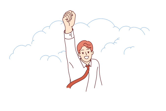 Businessman superhero takes off raising hand up demonstrating motivation for career growth  イラスト