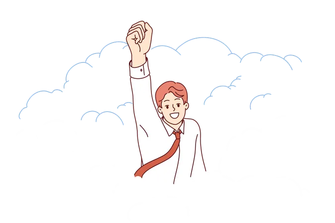 Businessman superhero takes off raising hand up demonstrating motivation for career growth  イラスト