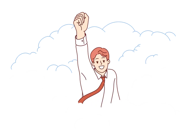 Businessman superhero takes off raising hand up demonstrating motivation for career growth  Illustration