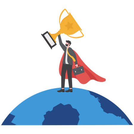 Businessman superhero with award prize trophy winner on planet earth  イラスト