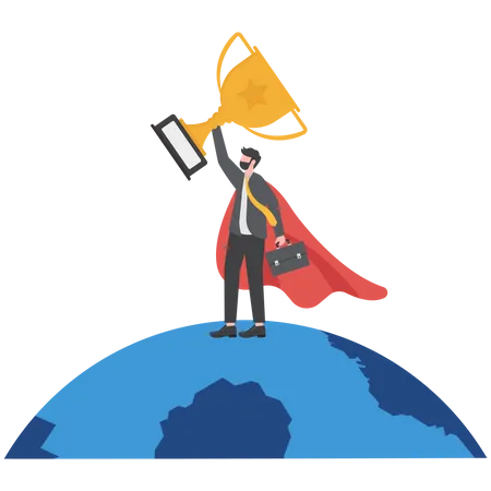 Business Worldwide Winner Achievement Victory Or International Success Win Global Competition Globalization Business Concept Businessman Superhero With Award Prize Trophy Winner On Planet Earth Illustration