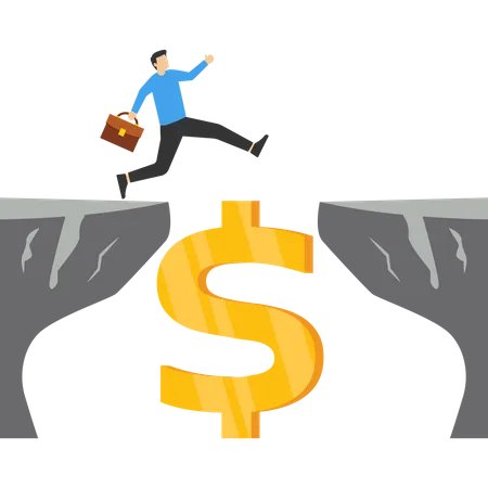 Money To Save Support Business To Survive Businessman Jump Over Cliff Gap With Dollar Sign Bridge Financial Aid Solution To Get Through Crisis Budget Or Loan Repayment Concept Illustration