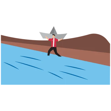 Businessman supporting business ship to cross river  Illustration