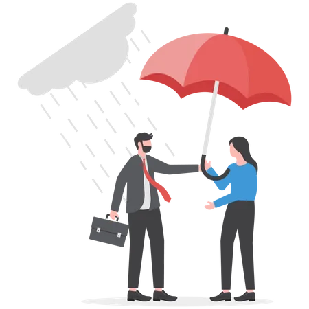 Altruism Selfless Principle For Leadership To Protect Team And Success Together Gentleman Or Team Support And Caring Respect Or Empathy Concept Kindness Businessman Offer Umbrella To Protect Woman Illustration