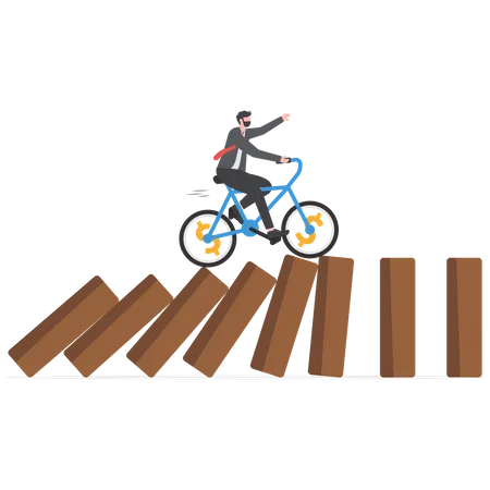 Businessman surf fast bicycle hit all dominos collapse  Illustration