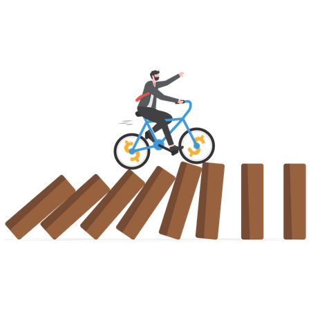 Businessman surf fast bicycle hit all dominos collapse  Illustration