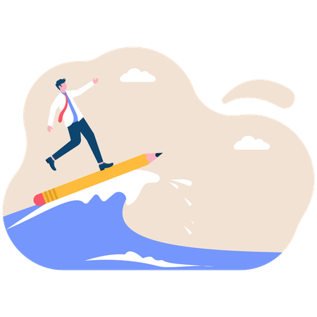 Businessman surfing sea with pencil  Illustration