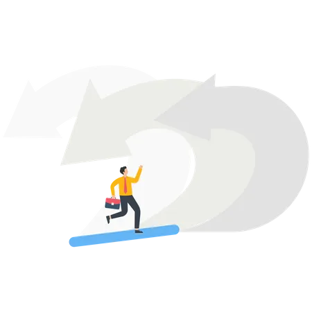Businessman surfing under arrow like falling ocean wave  Illustration