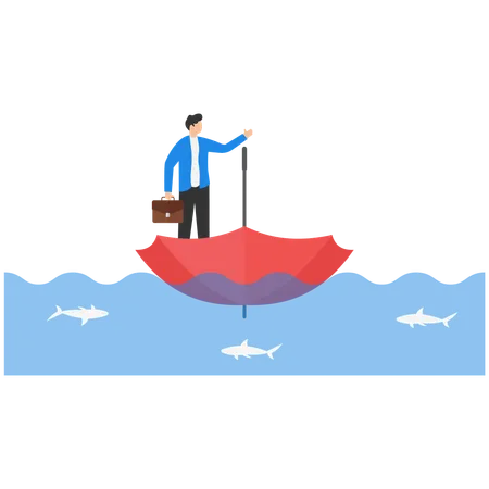 Businessman On Umbrellar Boat Concept Business Vector Sea Water Ship Illustration