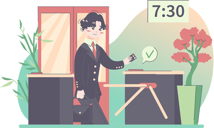 Businessman swipe pass card to electronic reader and opening automatic gates  イラスト