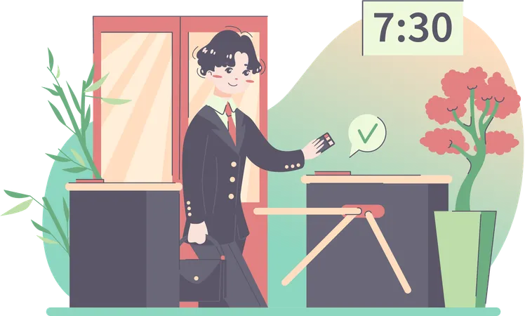 Businessman swipe pass card to electronic reader and opening automatic gates  イラスト