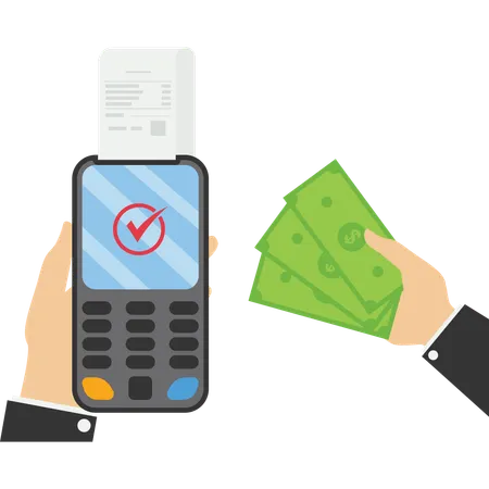 Payment Method Non Cash Payment By Bank Card Using NFC POS Terminals Technology And Cash Payment Hands Hold Phone With An Attachment Cash Money And Card Vector Illustration Illustration