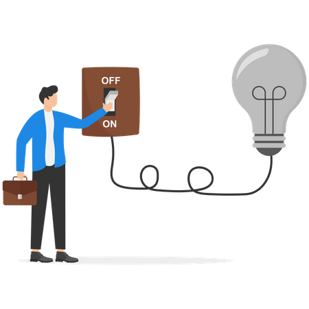 Businessman  switching on switch to turn on lightbulb lamp  Illustration