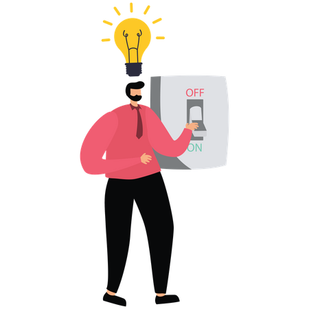 Businessman switching on switch to turn on lightbulb lamp  Illustration
