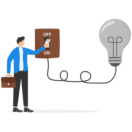 Businessman  switching on switch to turn on lightbulb lamp  イラスト