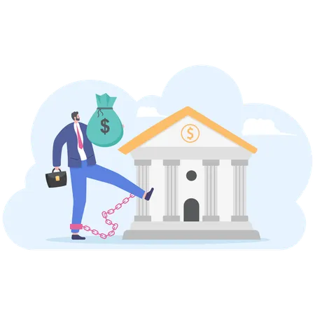 Character Man Chained To The Bank Debt On Loan Holding Money Sack Man Under Debt From The Bank Concept Illustration Vector Cartoon Illustration