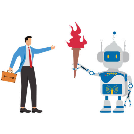 Businessman takes flaming torch from robot  Illustration