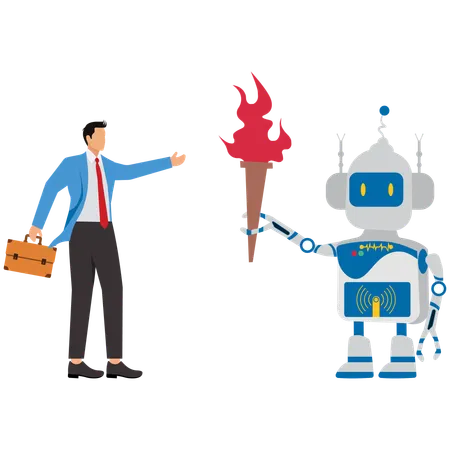 Businessman takes flaming torch from robot  Illustration