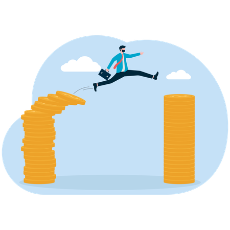 Businessman takes huge leap for money growth  Illustration