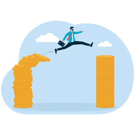 Businessman takes huge leap for money growth  Illustration