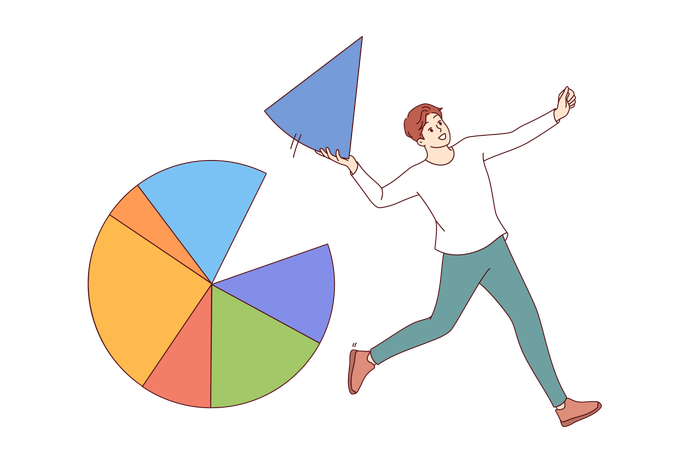 Businessman takes market segment from pie chart and runs away demonstrating business dexterity  Illustration