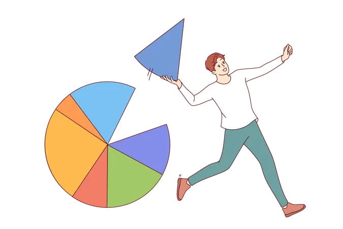 Businessman takes market segment from pie chart and runs away demonstrating business dexterity  Illustration