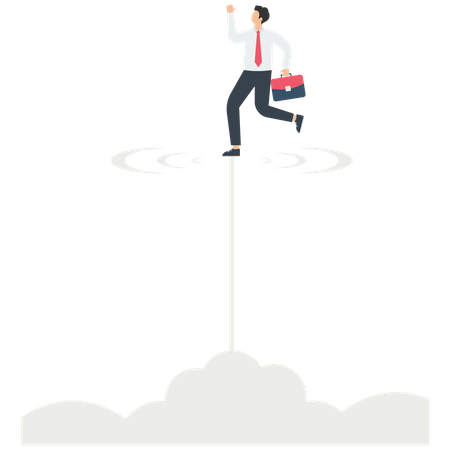 Businessman takes off and rushes out of the clouds  Illustration