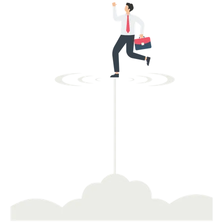 Businessman takes off and rushes out of the clouds  Illustration