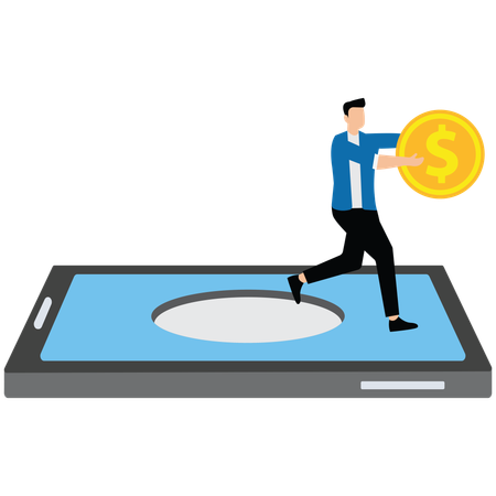 Businessman taking big coin out of his mobile phone  Illustration