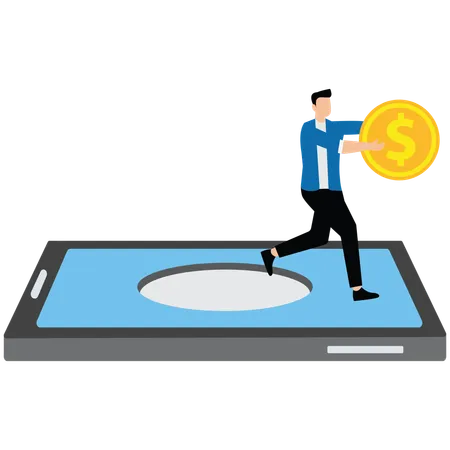 Businessman taking big coin out of his mobile phone  Illustration