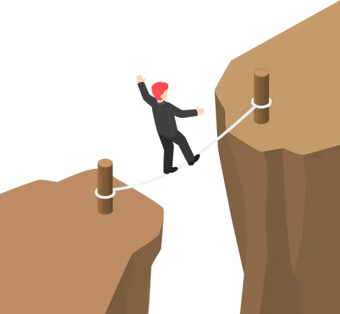 Flat 3 D Isometric Businessman Walking And Balancing On Rope Between Cliff Gap Business Risk And Challenge Concept Illustration