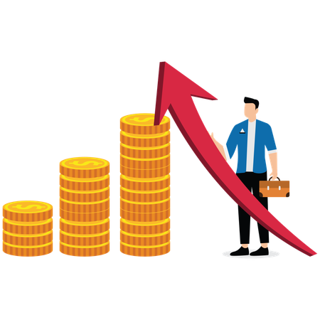 金貨の山に寄りかかって巨大に成長する矢を手に取るビジネスマン  イラスト